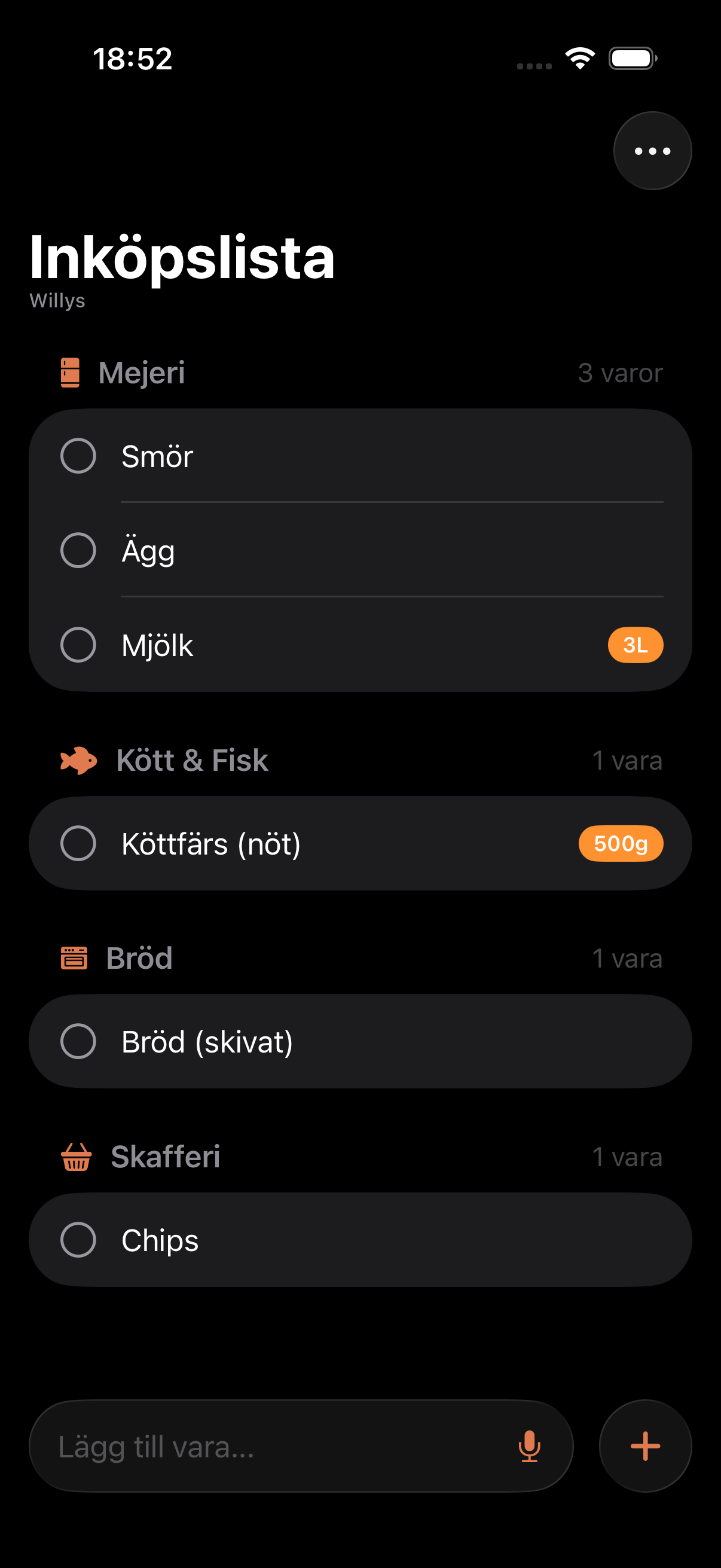 Handla Mat Smart — Inköpslista sorterad efter avdelning